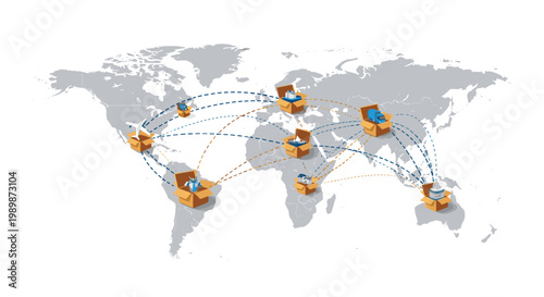 A detailed global map displays international logistics routes with open cardboard boxes containing transport icons connected by intricate dashed shipping paths.