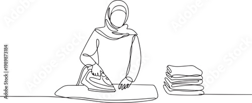 Continuous line illustration of a woman in hijab ironing clothes with folded laundry on the side. One line drawing style showing housework. one line Icon drawing