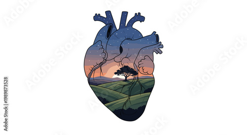 Intricate anatomical heart illustration reveals a serene landscape of rolling green hills and a solitary tree beneath a starry twilight sky within its veins.