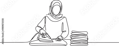 Continuous line illustration of a woman in hijab ironing clothes with folded laundry on the side. One line drawing style showing housework. one line Icon drawing