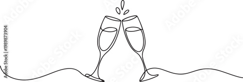 clinking glass celebrating happy hour one line drawing continuous handdrawn minimalist art decorative. one line Icon drawing