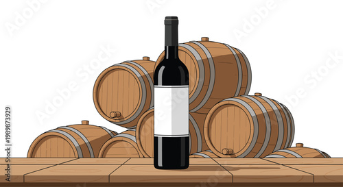 A dark red wine bottle with a clean blank white label rests on a textured wooden plank surface before a large stack of traditional oak aging barrels.