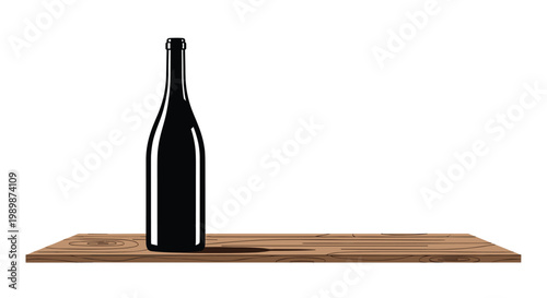 A dark wine bottle silhouette stands elegantly on the left side of a long textured wooden shelf against a clean and bright white studio background.