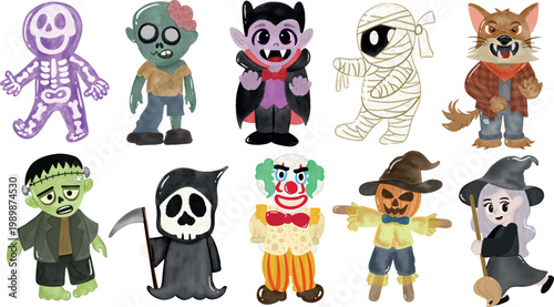 Cute Halloween Watercolor Character Set with Vampire, Witch, Zombie and Spooky Friends