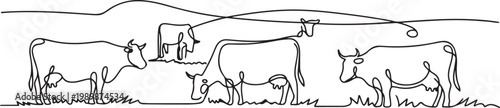 Cows on pasture in One continuous line drawing. Milk calf animal grazing symbol and beef meat farm concept. one line Icon drawing