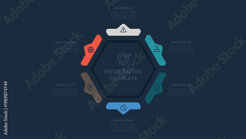 Professional infographic with 6 steps, options, parts or processes. Template for web on a black background.