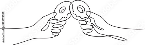 Single line drawing of two hands clinking donuts together like a toast, symbolizing sharing and joy. one line Icon drawing