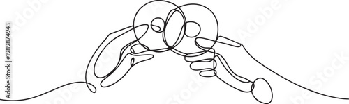 Single line drawing of two hands clinking donuts together like a toast, symbolizing sharing and joy. one line Icon drawing