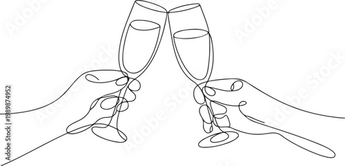 Minimalist continuous line hands clinking champagne glasses toast celebration party drink cheers concept abstract single line drawing modern outline illustration