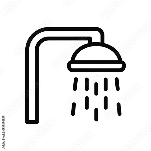 Simple black and white line drawing of a shower head with water droplets