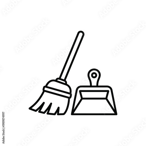 Simple line drawing of a broom and dustpan for cleaning