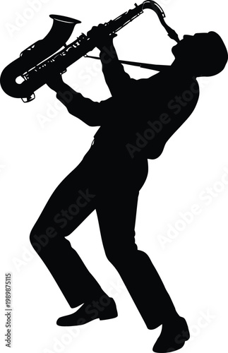 Black silhouette of a man playing a saxophone on a white background