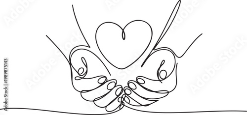 Minimalist continuous line hands holding heart love care support charity compassion concept abstract single line drawing modern outline illustration