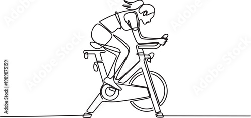 Single one line drawing woman is intensely cycling on stationary bike, bent forward over handlebars, cardio endurance and dynamic gym workout. one line Icon drawing