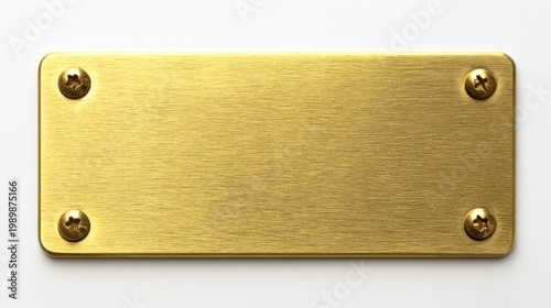 Blank gold metal name plate with screws isolated on white background