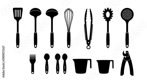 Various kitchen utensils arranged on a clean white background for cooking.