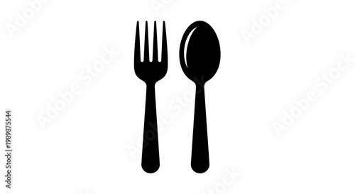 A black fork and spoon on a white background.