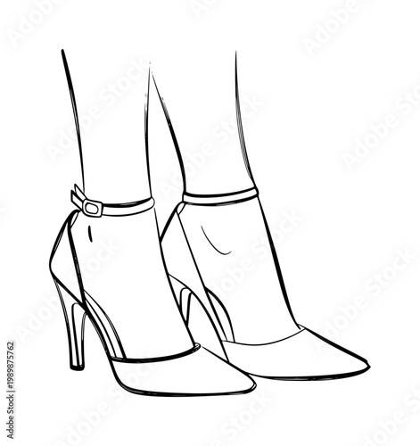 Black and white line of women's heel shoes with ankle straps fashion footwear