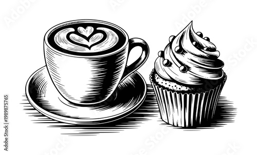 Black and white of coffee cup with latte and decorated cupcake white background heart