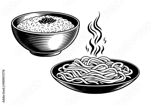 Black and white of steaming noodles in a bowl and rice with caviar food