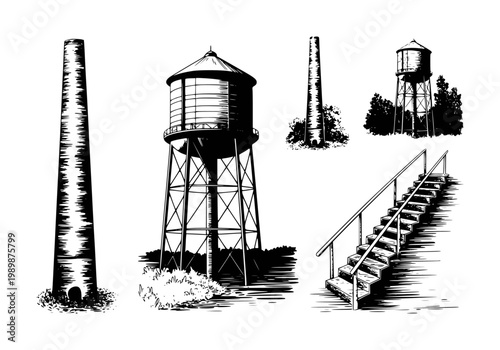 Black and white of industrial water towers, smokestacks, and outdoor stairs chimney