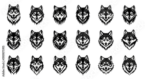 Collection of stylized wolf head illustrations in black and white vector art featuring diverse expressions and detailed fur textures isolated on a white background for graphic