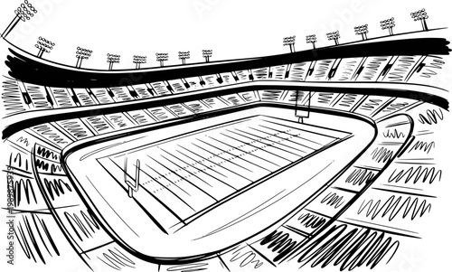 Hand-drawn of an empty american football stadium with floodlights a white background