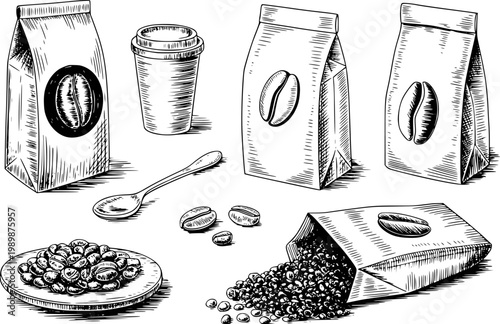 Hand-drawn of coffee beans, paper bags, and disposable cup with spoon