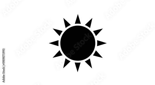 Simple black stylized sun icon with sharp triangular rays against a stark white background representing warmth daylight and celestial energy in a clean minimalist graphic design