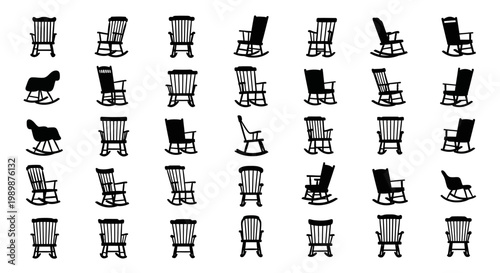 Collection of diverse rocking chair silhouettes in various styles and designs presented against a clean white background ideal for interior design furniture concepts and home