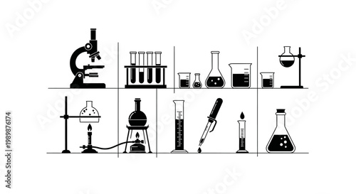 Collection of scientific laboratory equipment icons and symbols for research and development featuring microscopes beakers test tubes burners and pipettes on white background