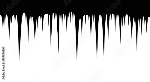 Sharp jagged black icicles hanging downward against a clean white background representing winter cold and frozen elements in a stark graphic design