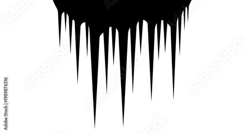 Sharp jagged black icicles hanging downward against a stark white background representing winter cold and freezing temperatures with a graphic minimalist style