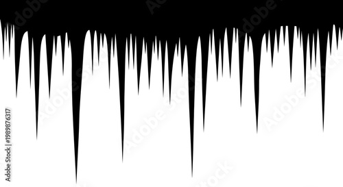 Sharp jagged icicles hanging downward against a stark white background symbolizing winter cold and frozen water formations in a clean minimalist design