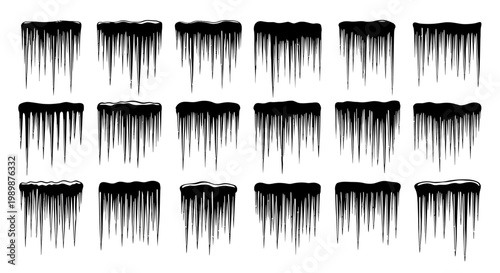 Collection of diverse black silhouette icicles hanging down with sharp points and varied lengths isolated on a clean white background representing winter and cold weather