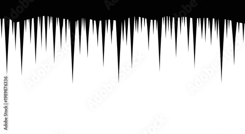 Sharp frosty icicles hanging in a row against a clean white background representing winter cold and seasonal change with a crisp graphic style and sharp edges