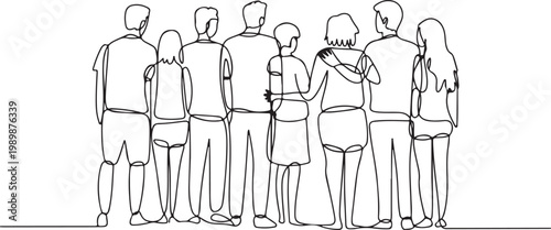 Minimalist continuous line group of people standing together unity friendship community support concept abstract single line drawing modern outline illustration