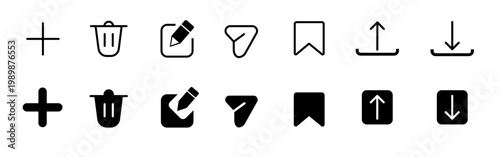 Complete Minimal UI Action Icon Set – Black Line & Solid Interface Icons Collection Including Add, Delete, Edit, Bookmark, Share, Upload, Download, Save, Arrow Up, Arrow Down, Pencil, Trash for Web an