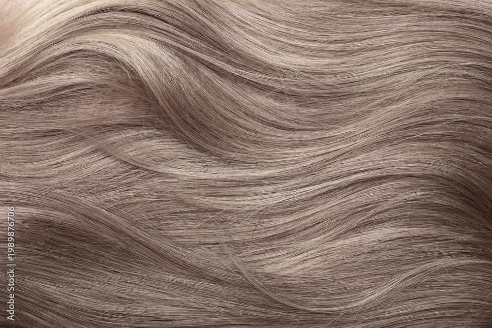 Naklejka premium Blond hair close-up as a background. Women's long light brown hair. Beautifully styled wavy shiny curls. Hair coloring. Hairdressing procedures, extension.