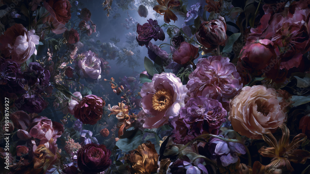Obraz premium Flowers on a dark background. Botanical luxury floral wallpaper 
