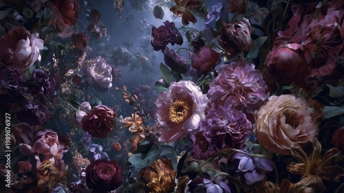 Flowers on a dark background. Botanical luxury floral wallpaper
