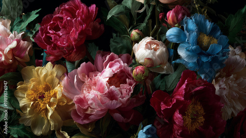 Flowers on a dark background. Botanical luxury floral wallpaper
