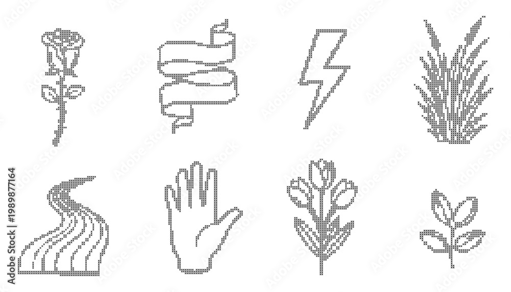 Fototapeta premium Cross Stitch Nature Symbols Plant Hand Lightning Embroidery Set
