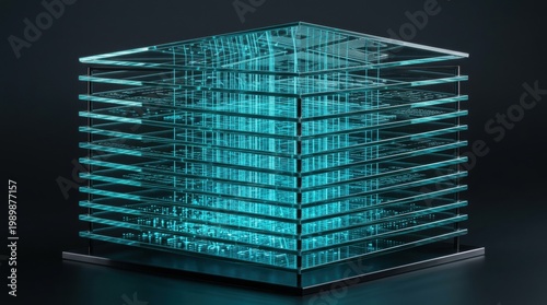 Abstract glowing cube structure with intricate internal geometric network in a dark environment