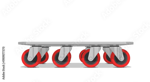 A sturdy grey industrial transport platform features eight heavy-duty casters with vibrant red wheels designed for moving heavy loads in a warehouse.