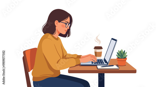 Woman in Yellow Sweater Working on Laptop with Coffee Cup Illustration