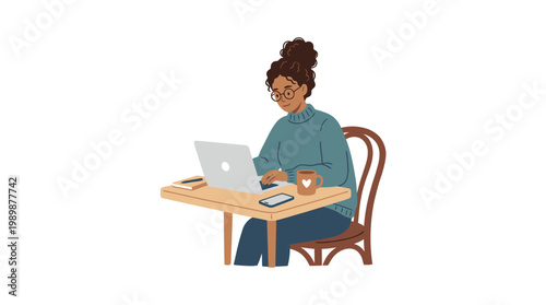Young Woman Freelancer Working on Laptop with Coffee at Cafe Table