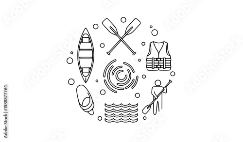 Canoeing outline icon set with paddles canoe and water symbols thin line vector collection isolated on white background