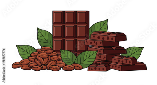 A meticulously detailed dark chocolate bar stands upright behind a bountiful pile of roasted cocoa beans and a stack of textured chocolate fragments with leaves.