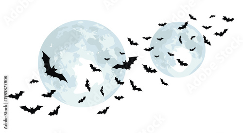 A vast swarm of tiny black bat silhouettes migrates across the luminous surfaces of two large detailed moons against a clean and bright white background space.